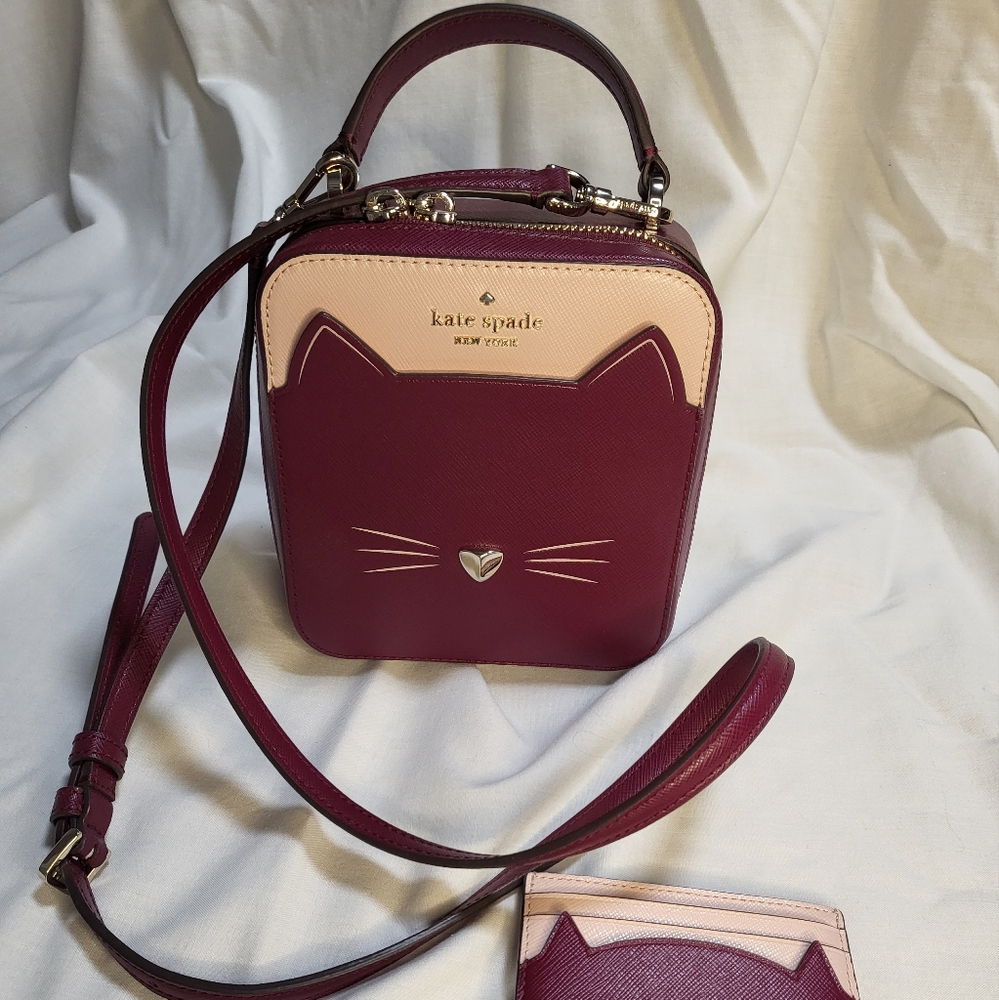 Kate Spade Meow Crossbody Purse Burgundy with matching Cardholder